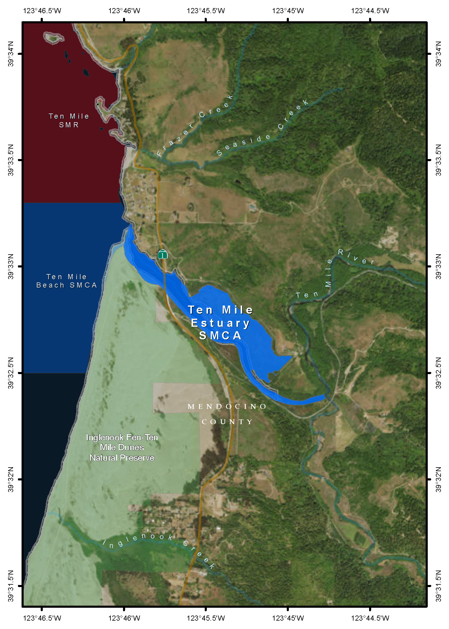 Map of Ten Mile Estuary State Marine Conservation Area - click to enlarge in new tab